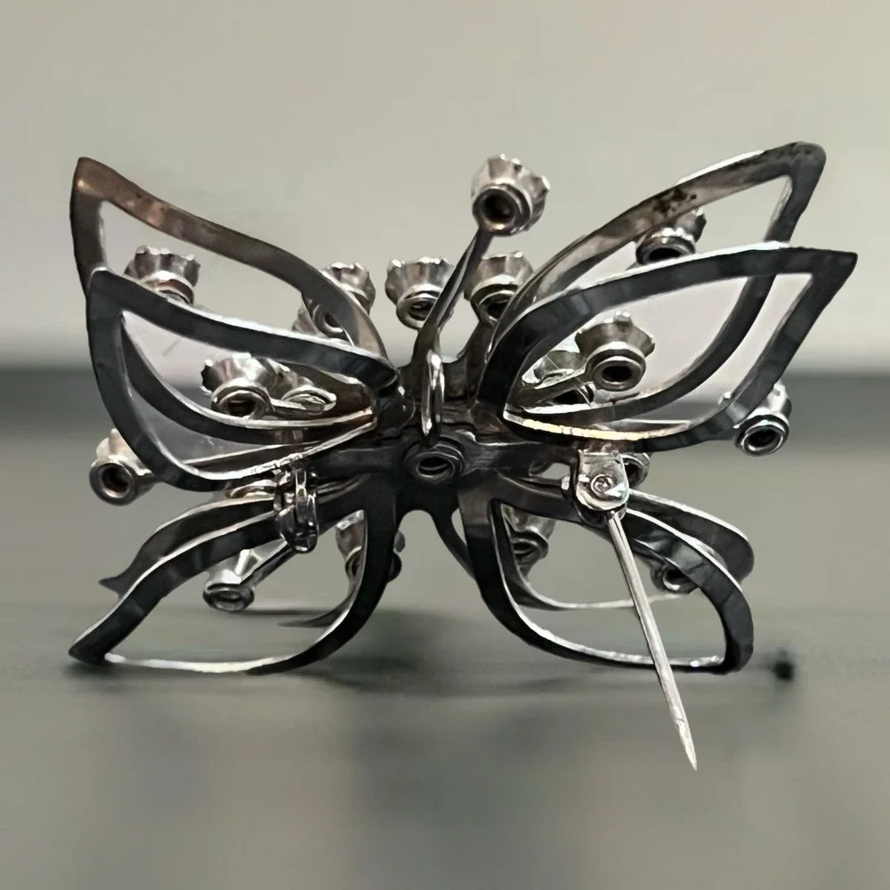 Vintage 90s Floral Brooch Silver Tone Blue Rhinestone Butterfly Pin 2 Inch